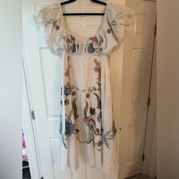 ASOS EDITION floral embroidered bardot puff sleeve midi dress in white - Picture 5 of 6